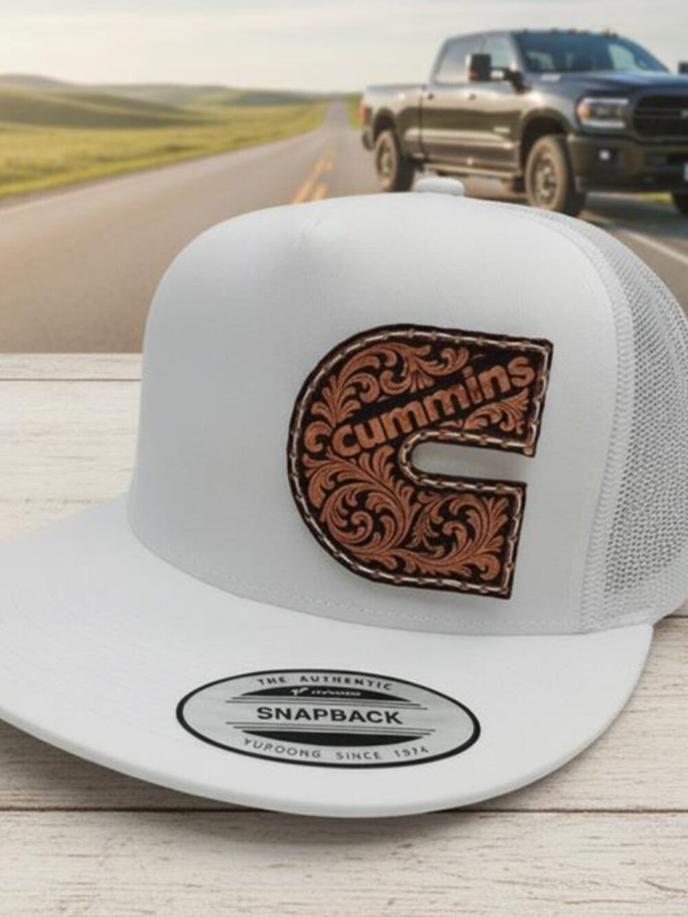 Luxury Cummins Tooled Leather Patch Yupoong White Flat Bill Hat Snapback Diesel